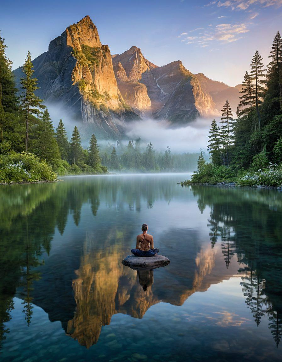 A serene landscape featuring a peaceful yogi meditating on a tranquil lake at sunrise, surrounded by soft mist and gentle ripples. Lush green trees and vibrant flowers frame the scene, symbolizing harmony and balance. In the background, majestic mountains rise under a bright blue sky, embodying the essence of tranquility. Include glowing elements that represent clarity and calmness. vibrant colors. super-realistic.