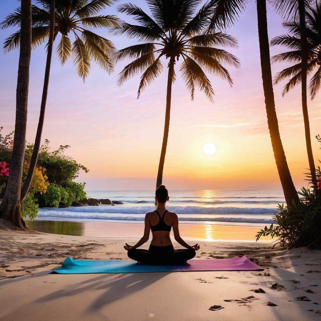 A serene landscape featuring a tranquil yoga mat laid on a calm beach at sunrise, with a person meditating in a lotus position surrounded by soft waves. Incorporate elements of nature like gentle palm trees and colorful flowers, symbolizing holistic wellness. Include subtle ethereal light rays illuminating the scene for a peaceful ambiance. super-realistic. vibrant colors. calming atmosphere.