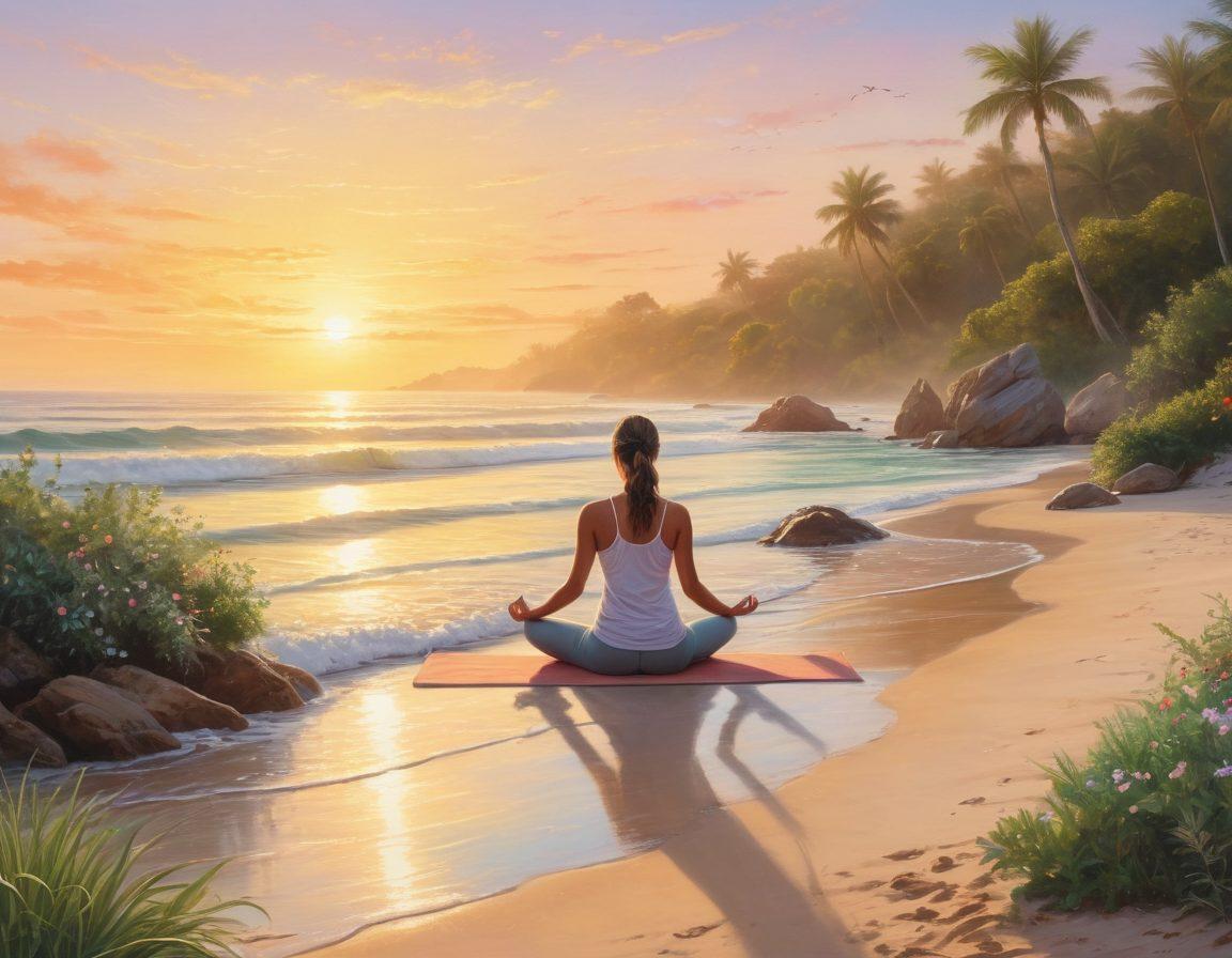 A serene landscape featuring a person practicing yoga on a tranquil beach at sunrise, surrounded by natural elements like flowing water, lush greenery, and soft golden sands. The individual appears calm and balanced, embodying a sense of peace and wellness, while symbols of holistic practices such as crystals and herbs subtly frame the scene. The color palette should evoke tranquility with soft pastels and warm hues. super-realistic. vibrant colors. peaceful atmosphere.